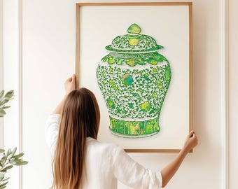 Green Chinoiserie Ginger Jar Art Print: Preppy Palm Beach Decor
