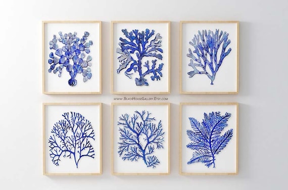 Cobalt Blue Wall Art Blue Sea Coral Prints Beach House Gallery Wall Art Cobalt Blue Bathroom Art Blue Bedroom Art Modern Nautical Decor