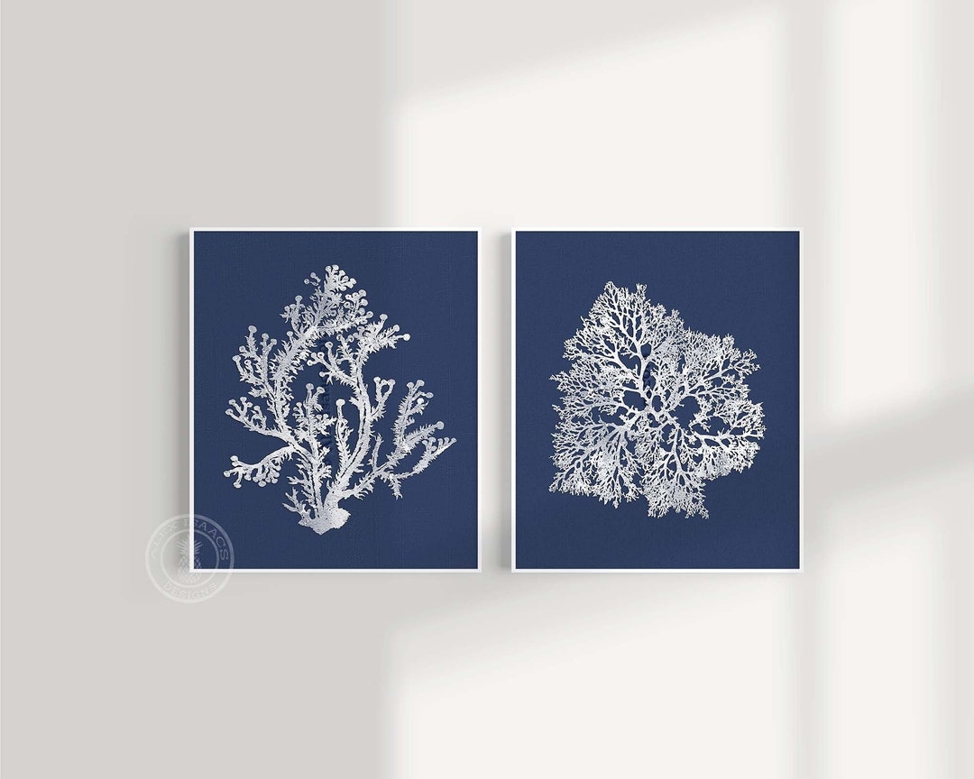 Blue Coral Wall Art, Navy Blue Coral Print, Navy White Wall Art, Navy