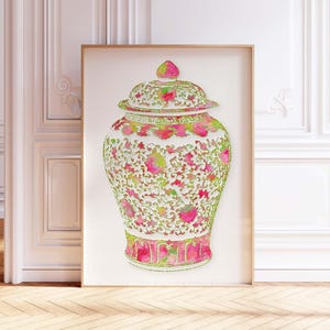 Pink Green Ginger Jar Art Print: Chinoiserie Palm Beach Decor