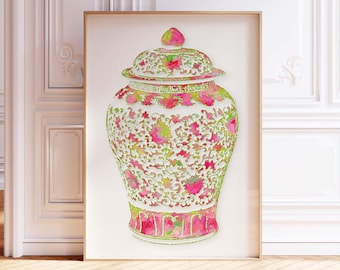 Pink Green Ginger Jar Art Print: Chinoiserie Palm Beach Decor
