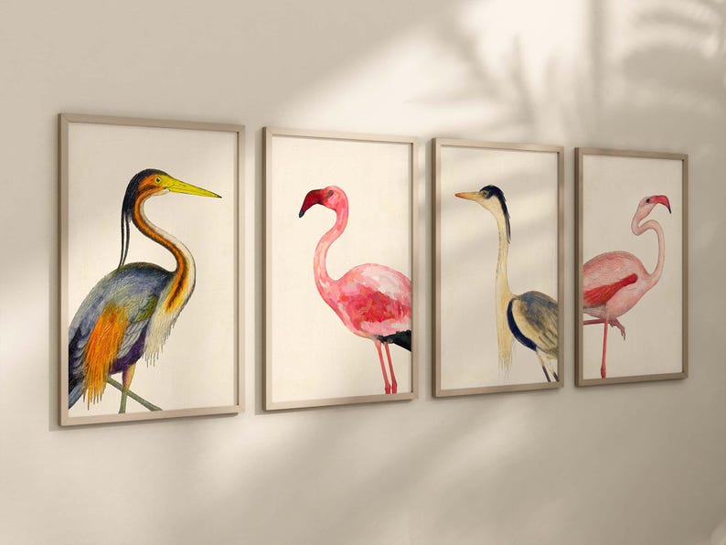 Coastal Bird Print Set of 4, Flamingo Heron Wall Art, Florida Beach House Decor image 2