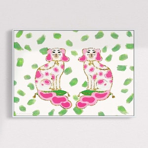 Staffordshire Dogs Chinoiserie Art Print: Pink & Green Palm Beach Decor
