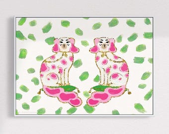 Staffordshire Dogs Chinoiserie Art Print: Pink & Green Palm Beach Decor