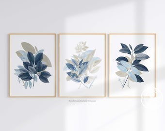 Botanical Print Set: Taupe and Blue Wildflower Art
