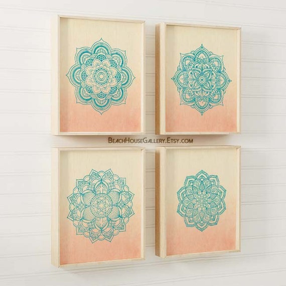 Mandala Prints Navy Peach Bedroom Decor Peach Navy Boho Nursery Art Coral Navy Wall Art Peach Bohemian Living Room Wall Art Coral Navy