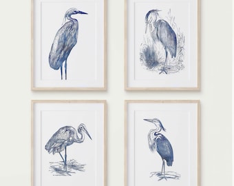 Blue Heron Art Set, Indigo Coastal Prints, Four Piece Wall Gallery, Lowcountry Living Room