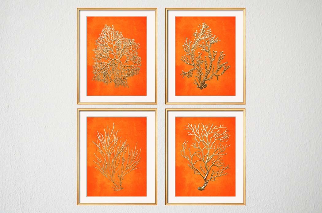Orange Coral Print Set Orange Sea Coral Set of 4 Coral Wall Etsy