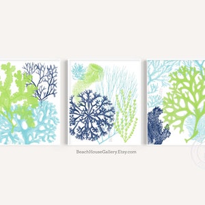 Blue and Green Wall  Art, Lime Green Art, Blue Green Coral Art for Beach House, Beach Bathroom Art, Blue Lime Green Art, Green Beach Art