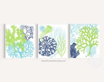 Blue and Green Wall  Art, Lime Green Art, Blue Green Coral Art for Beach House, Beach Bathroom Art, Blue Lime Green Art, Green Beach Art