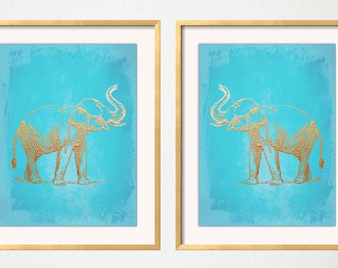 Chinoiserie Art, Turquoise Gold Wall Art, Turquoise Elephant Print, Elephant Wall Art