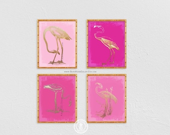 Pink Flamingo Art, Set Of Four Prints, Tropical Chinoiserie Wall Decor, Palm Beach Chic