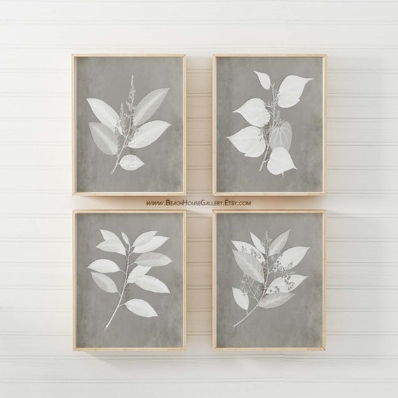 Gray Botanical Print Set Of Four Prints Warm Gray Wall Art Rustic Farm House Art Modern Farmhouse Decor Gray Living Room Botanical Art