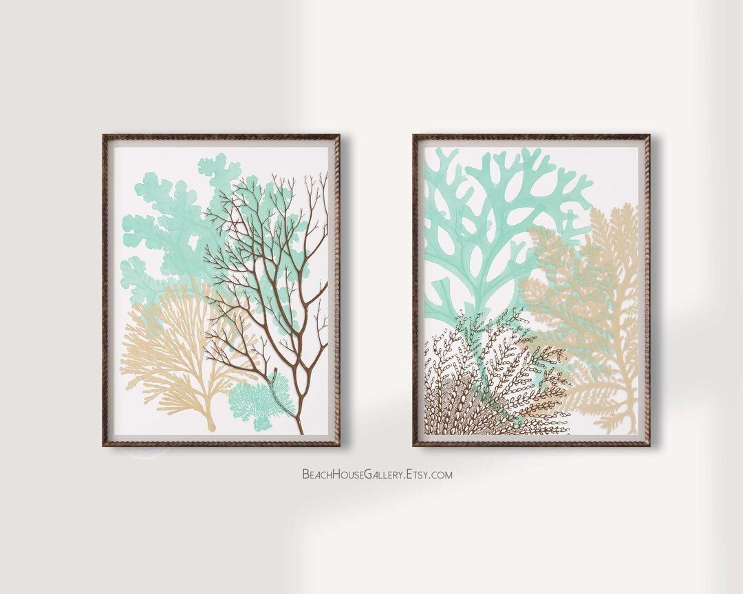 Mint Brown Beige Wall Art, Coral Prints, Aqua Brown Prints, Coastal