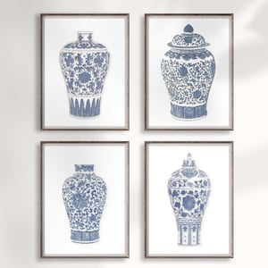Blue Ginger Jar Prints, Set of 4 , Chinoiserie Blue and White Vases, Preppy Wall Art, Traditional Asian Vase Prints, Chinoiserie Chic Decor