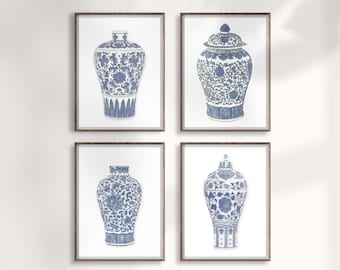 Chinoiserie Ginger Jar Prints: Blue & White Asian Vase Art, Set of 4
