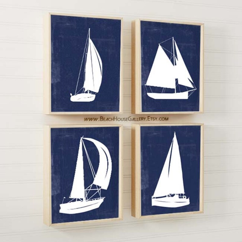 Nautical Wall Art Sailboat Blue White Sail Boat Print Set Beach House Nursery Navy Decor