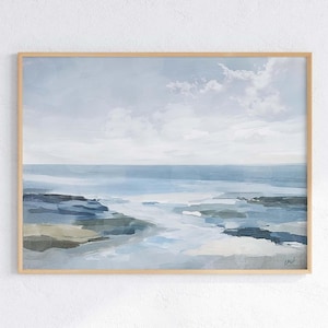 Coastal Seascape Wall Art – Neutral Blue Ocean Painting – Ocean Landscape for Modern Minimalist Decor| Large Coastal Artwork Horizontal
