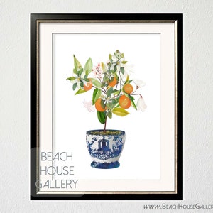 Orange Chinoiserie Plant Art, Navy Blue Orange Art, Orange Tree Chinoiserie Print, Chinoiserie, Palm Beach Chic, Ginger Jar Pot Prints