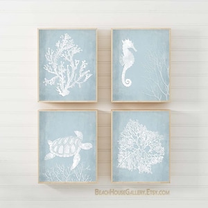 Coastal Wall Art Prints: Seahorse, Sea Turtle, Coral, Blue Gray Decor