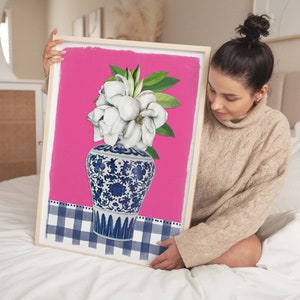 Pink Blue Wall Art, Chinoiserie Plant Art Print, Palm Beach Style, Preppy Aesthetic, Southern Home Decor, Magnolia Print, Ginger Jar Art
