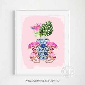 Chinoiserie Monkey Print: Grandmillennial Palm Beach Art, Greenery Ginger Jar (Unframed)