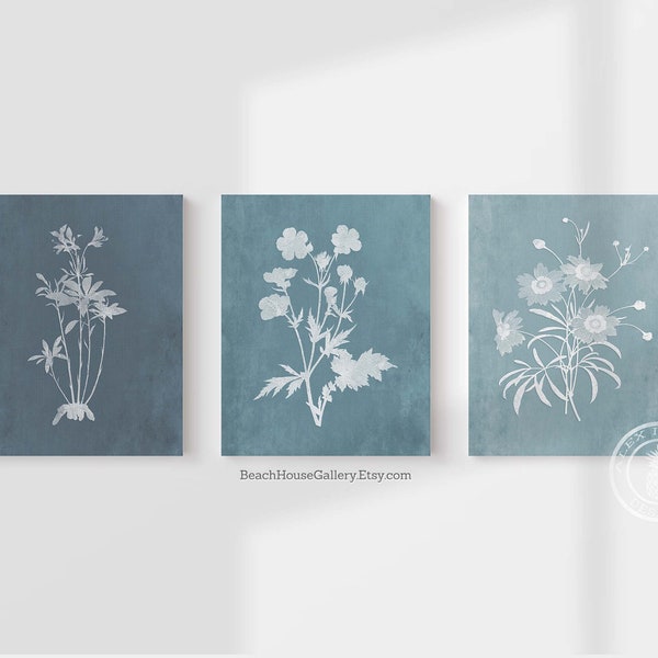 Farmhouse Rustic Wall Art for Bedroom or Living Room Prints, Blue Wildflower Prints, Blue Farmhouse Decor, Staging Wall Art,  Set of 3