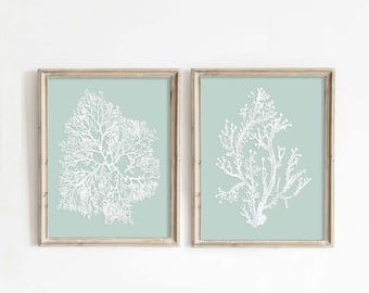 Coral Silhouette Print Set: Seafoam Green Coastal Wall Art