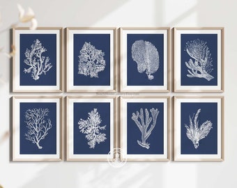 White Coral on Navy, Nautical Decor, Navy and White Sea Coral Prints, Set of 9 Prints, Navy Blue Bedroom Art, Beach House Gallery Wall