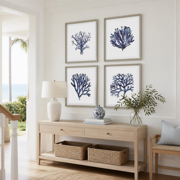 Indigo Coral, Hamptons Nautical Wall Set Of 4, Fine Art Prints | Blue White, Coastal Matte Paper