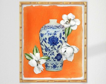 Chinoiserie Vase Art Print: Orange Asian Pottery Still Life