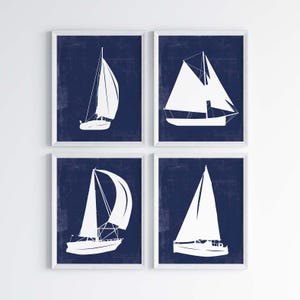 Sailboat Print Set: Custom Nautical Nursery Art, Blue & White, Set of 4