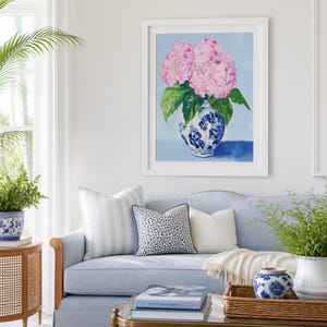 Chinoiserie Hydrangea Print, Blue White Ginger Jar, Grandmillennial Floral Art