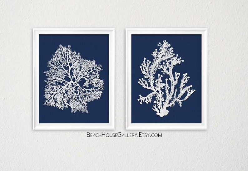 Blue Coral Wall Art Navy Blue Coral Print Navy White Wall Etsy Australia