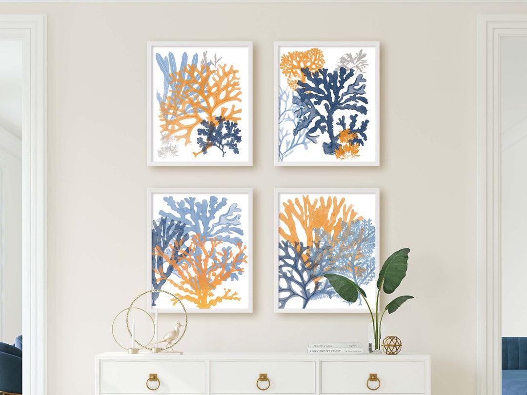 Orange and Blue Bathroom Decor, Coastal Wall Art, Orange and Navy Blue