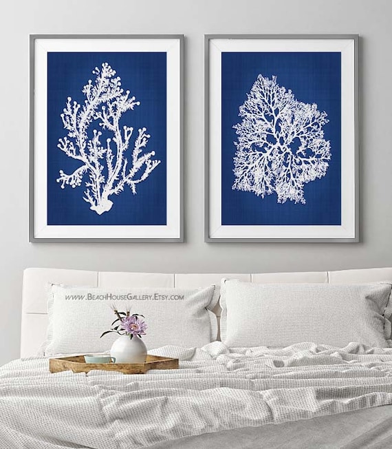 Blue Coral Wall Art Navy Blue Coral Print Navy White Wall Etsy