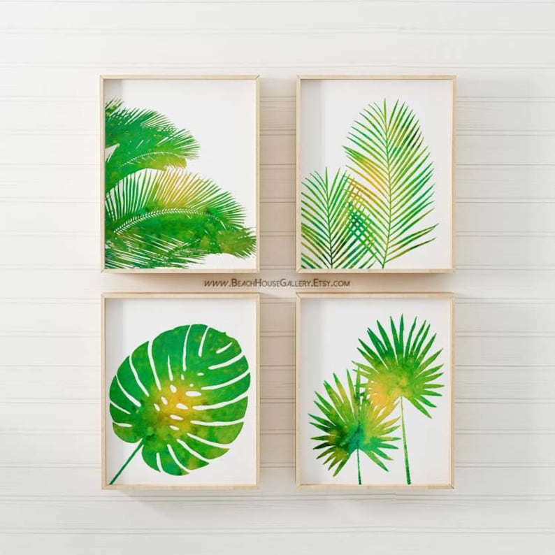 Tropical Palm Print Set Green Wall Art Home Decor Of Four
