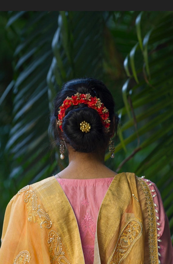 Rosette And Gold Gajra Gajra For Hair Indian Wedding Gajra Etsy