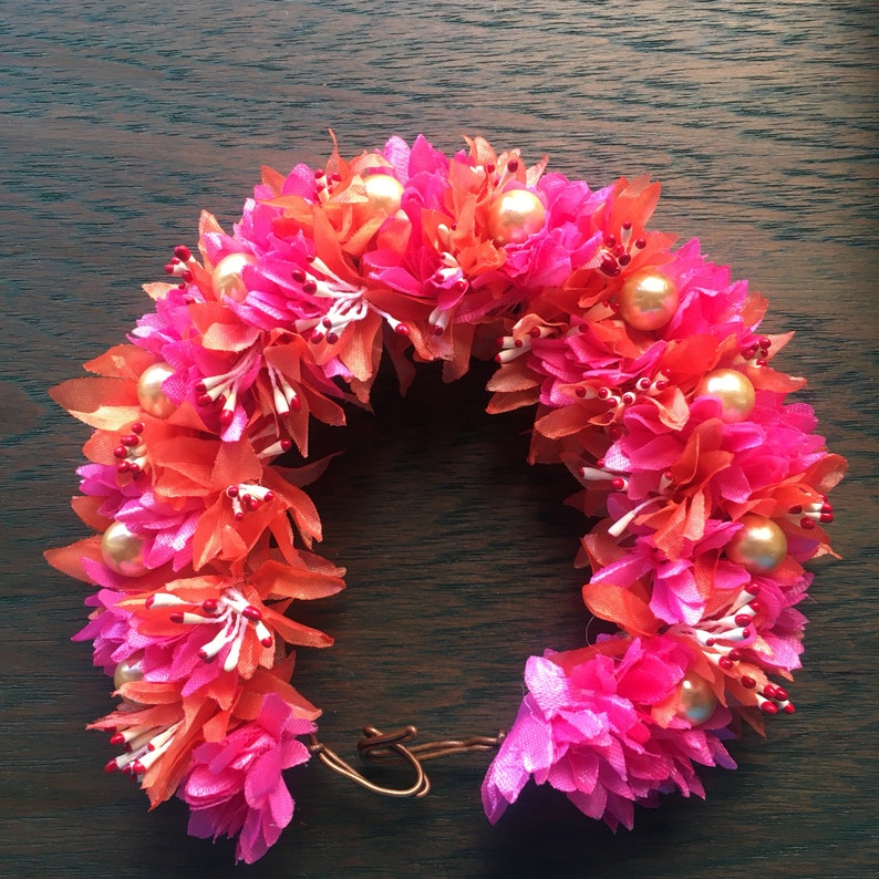 Pink and orange aboli gajra with faux pearls Gajra for