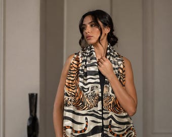 Prowling Tigers Silk Scarf – Hand Painted Silk Scarf, Orange Tiger Design, Luxury Silk Wrap, Unique Gift for Her