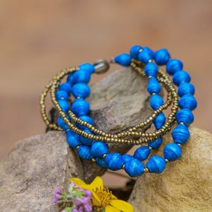 Bright Blue Five Strand Paper Bead Bracelet