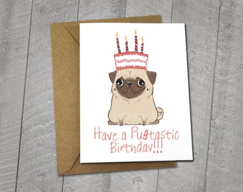 Pug Pugtatstic Birthday Card,  Approximately 5 x 7 Blank Card with Kraft Envelope, Animal and Dog Illustration, Red and Pink Color Theme