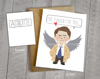 Castiel I've Fallen For You Assbutt Card,  Supernatural Fan Art, Approximately 5 x 7 Blank Card, Kraft Envelope, Misha Collins, Angel Art