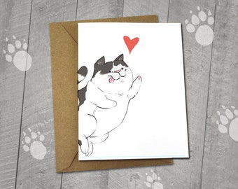 Happy Black and White Cat, I love You Card, Note Cards, 5x7 Kraft Envelope, Recycled, Blank Kraft Greeting Card, Great for any use, Kitty