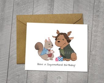 Supernatural Birthday Card, Moose and Squirrel, Approximately 5 x 7 Blank Card, Kraft Envelope, Dean Winchester, Sam Winchester, Fan Art