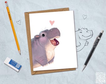 HAPPY HIPPO All- Purpose Greeting Card - For Birthdays, Valentines, Any Occasion, Animal Illustration, Original Art, For Him and For Her