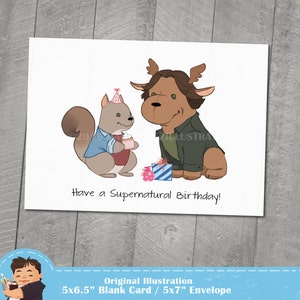 Supernatural Birthday Card, Moose and Squirrel, Approximately 5 x 7 Blank Card, Kraft Envelope, Dean Winchester, Sam Winchester, Fan Art image 2