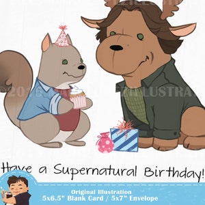 Supernatural Birthday Card, Moose and Squirrel, Approximately 5 x 7 Blank Card, Kraft Envelope, Dean Winchester, Sam Winchester, Fan Art image 3