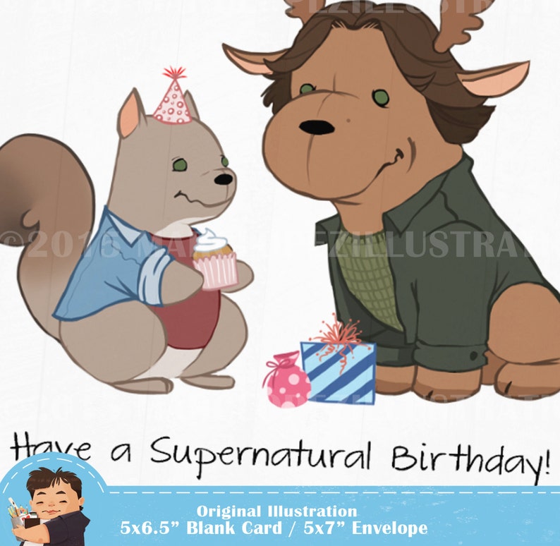 Supernatural Birthday Card, Moose and Squirrel, Approximately 5 x 7 Blank Card, Kraft Envelope, Dean Winchester, Sam Winchester, Fan Art image 3