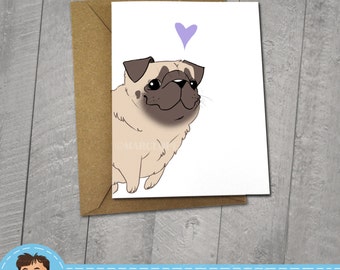 May include: A blank greeting card featuring an original illustration of a light brown pug with a purple heart above its head. The card measures 5x6.5 inches and comes with a 5x7 inch envelope.